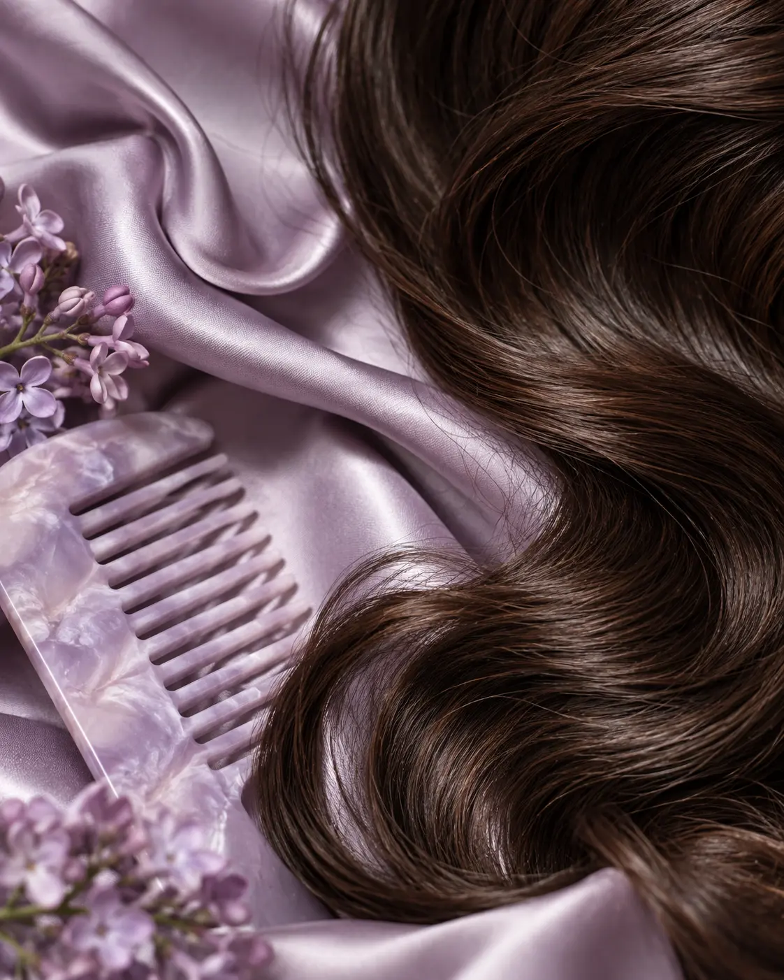 Flowing dark hair against soft lavender fabric